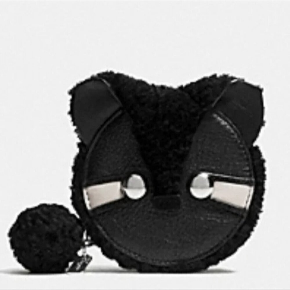 Coach Raccoon Black  Pebbled Leather & Shearling Pom Pom Tail Coin Purse